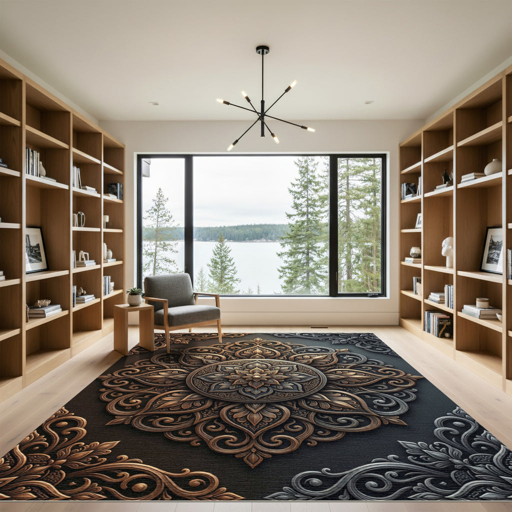 Elegant Bronze Silver Filigree Medallion Rug