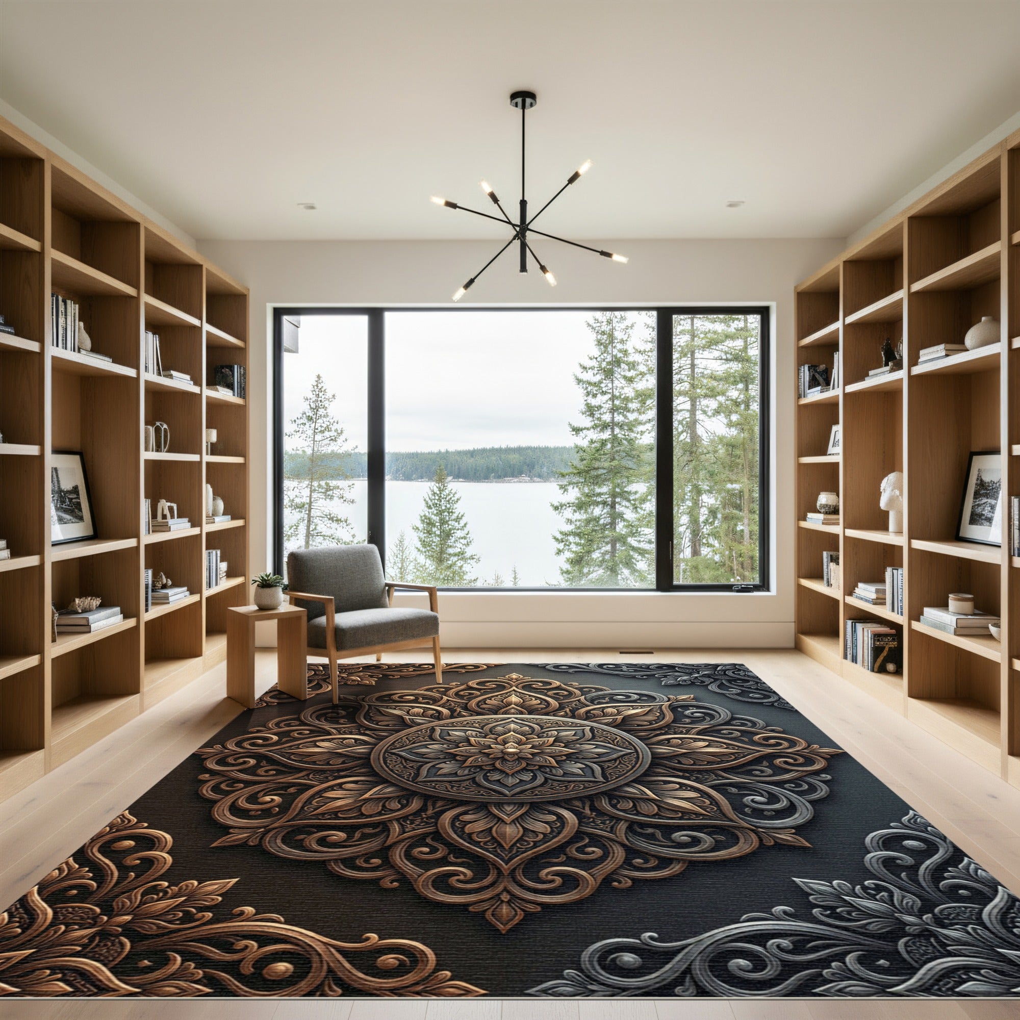 Elegant Bronze Silver Filigree Medallion Rug