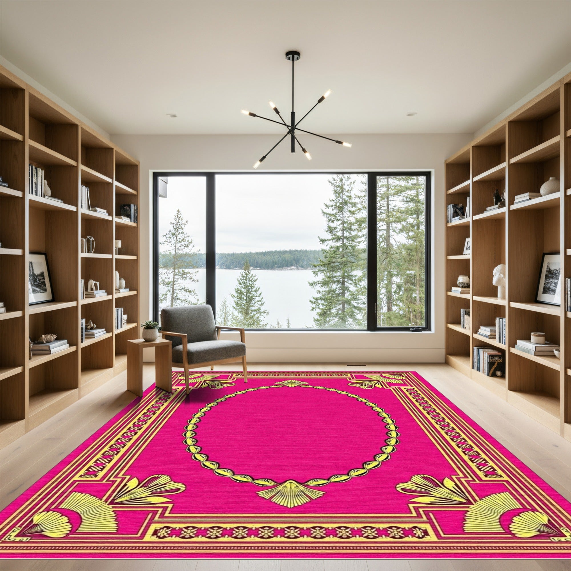 Vibrant Pink Yellow Fan Medallion Rug