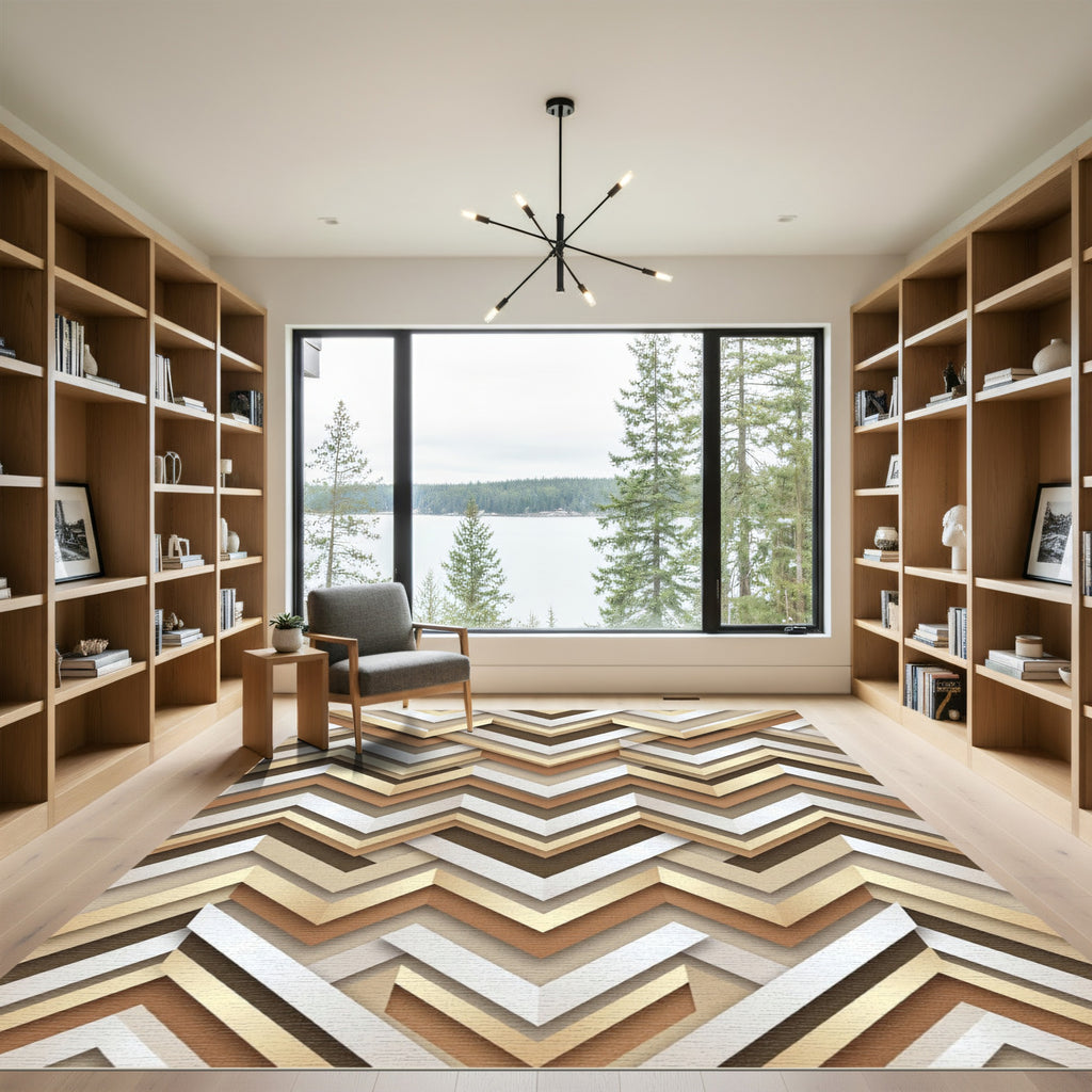 Golden Chevron Geometric Layered Neutral Art Rug