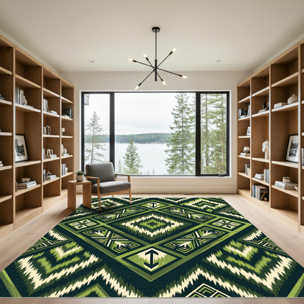 Green Tribal Diamond Geometric Rug
