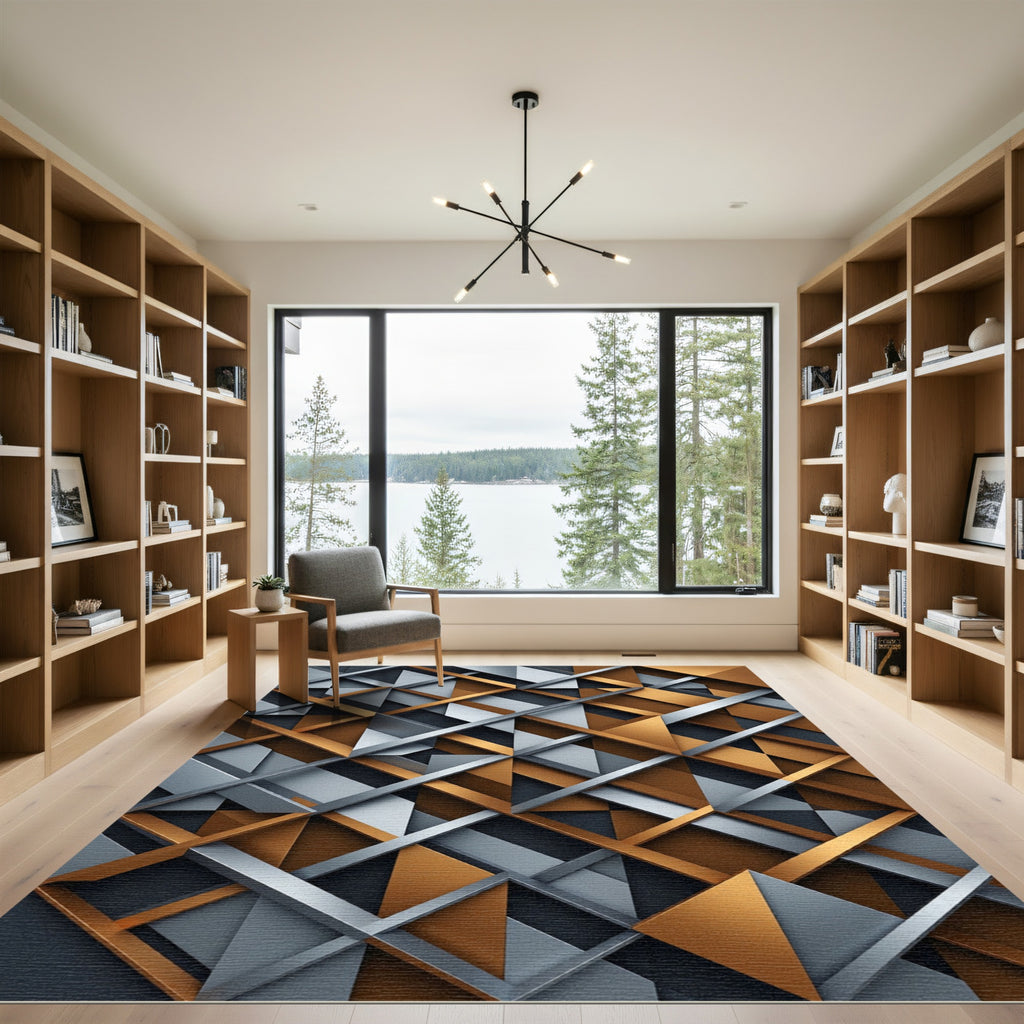 Contemporary Copper and Steel Geometric Lattice Rug