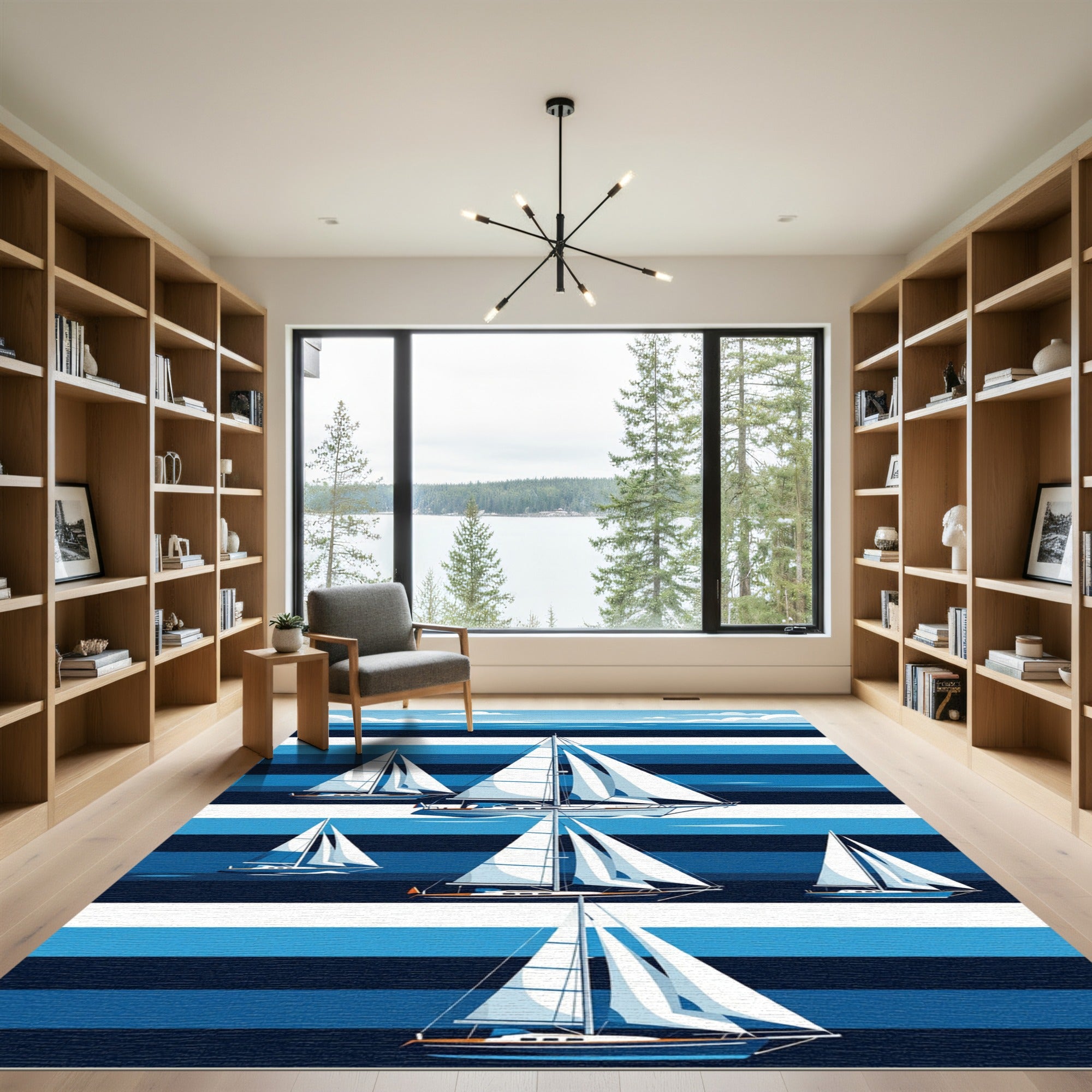 Blue Striped Sailboat Ocean Voyage Rug