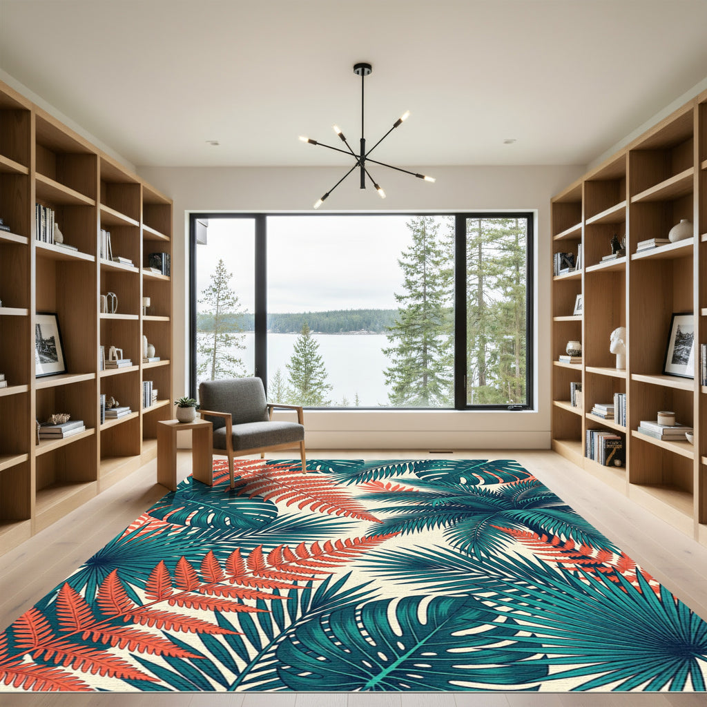 Lush Tropical Teal and Orange Foliage Rug
