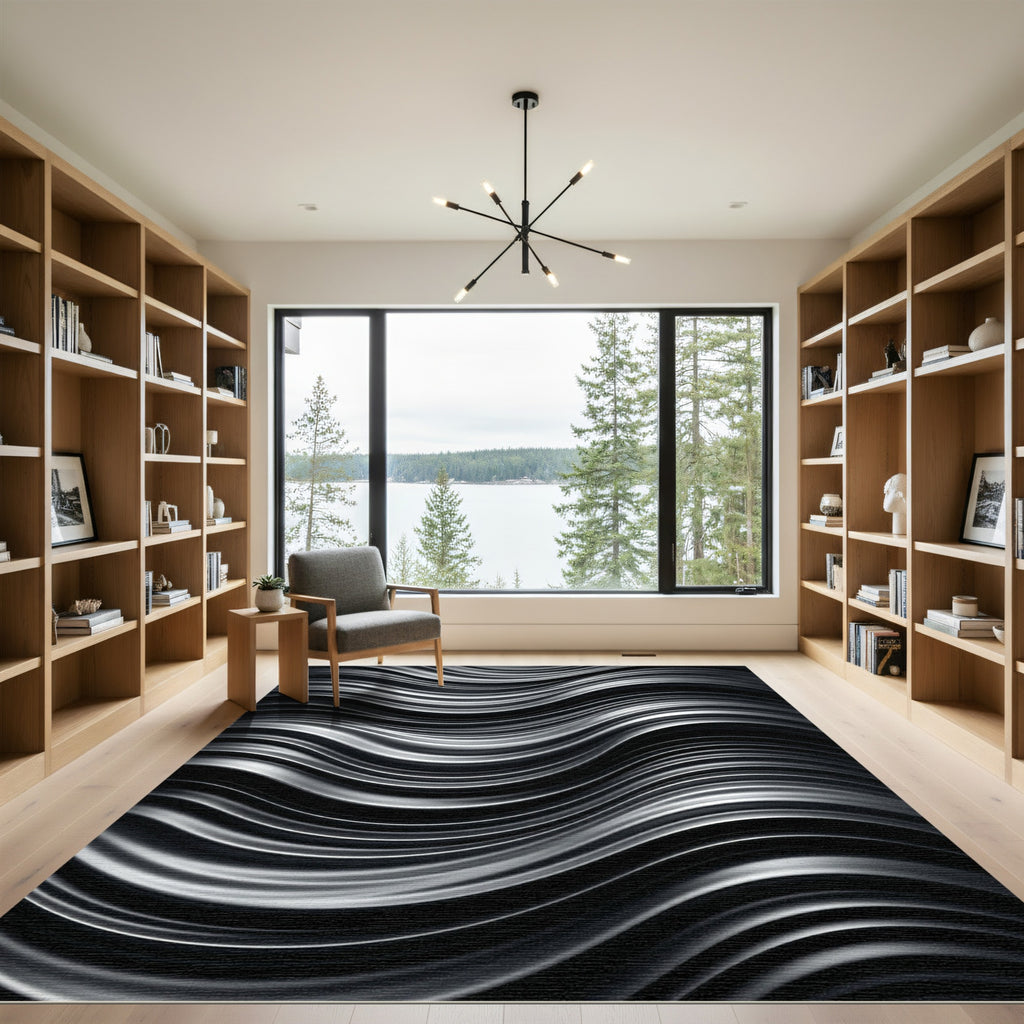 Sleek Black Silver Wave Flow Rug