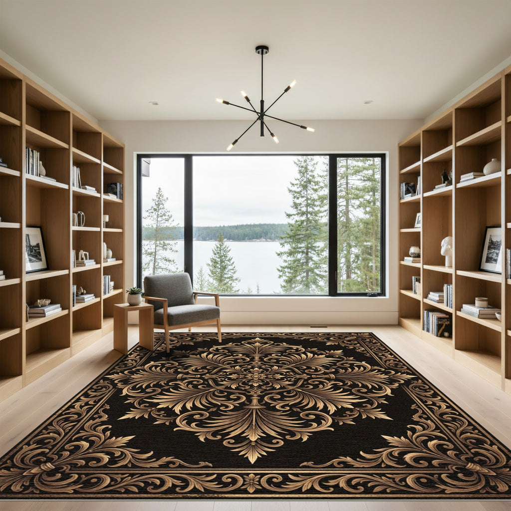 Ornate Gold Filigree Damask Scroll Rug