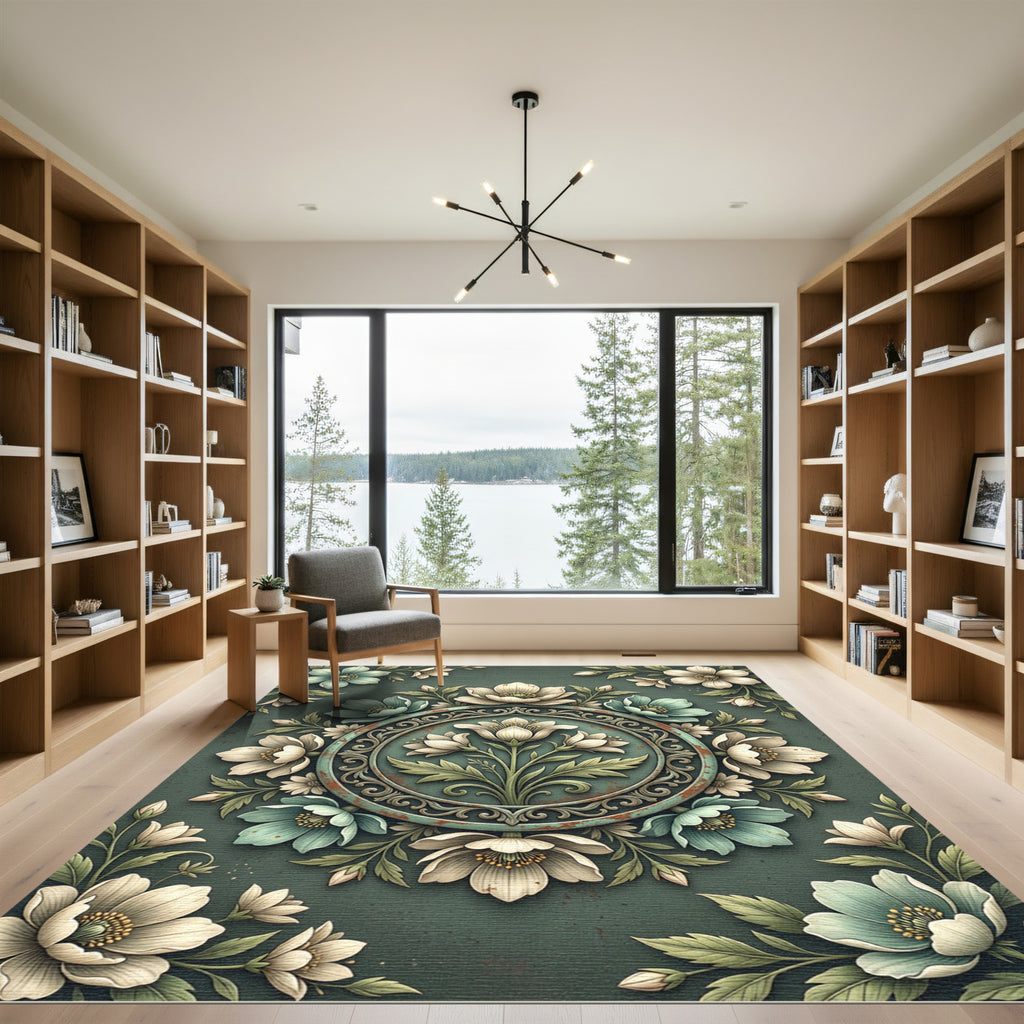Vintage Teal Floral Medallion Rug