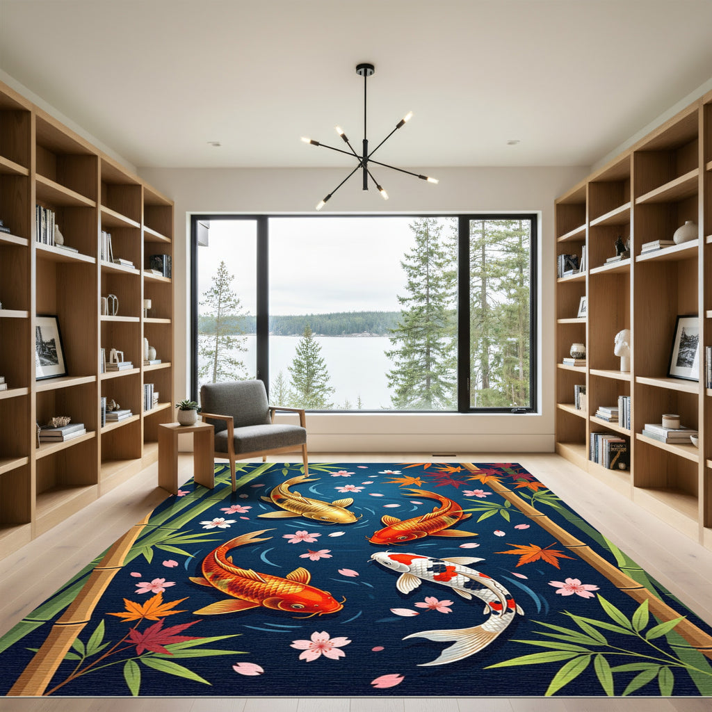 Zen Koi Pond with Falling Blossoms Rug
