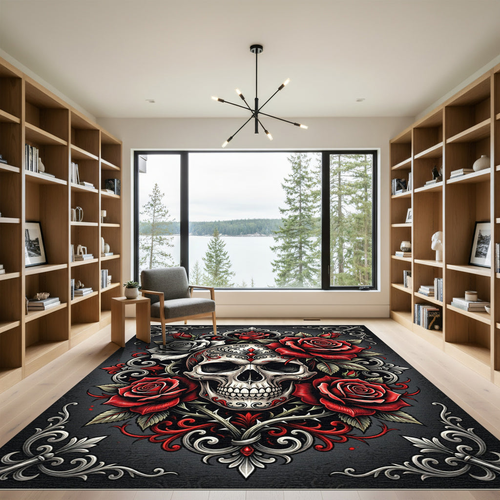 Gothic Skull with Red Roses Ornament Rug
