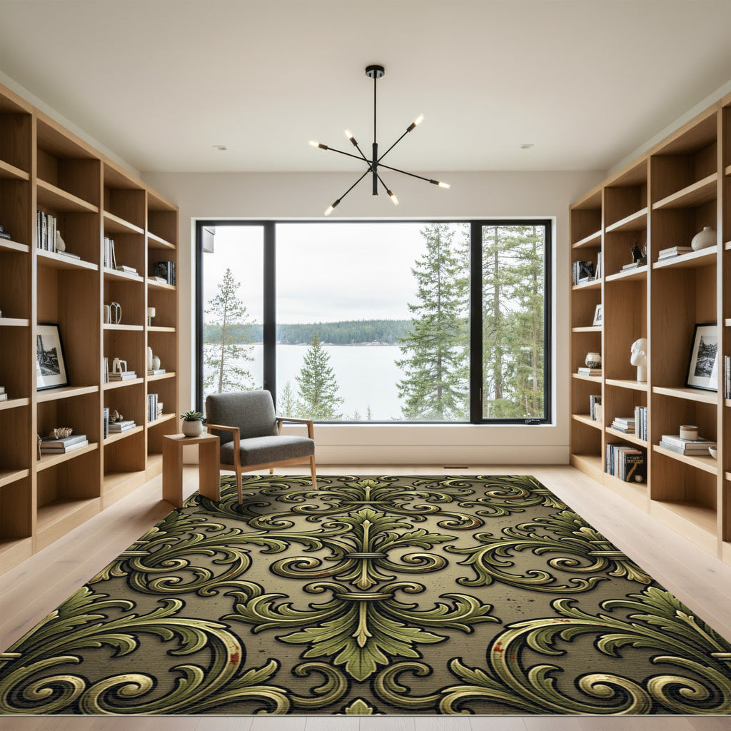 Ornate Gold and Green Scrollwork Rug
