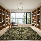 Ornate Gold and Green Scrollwork Rug