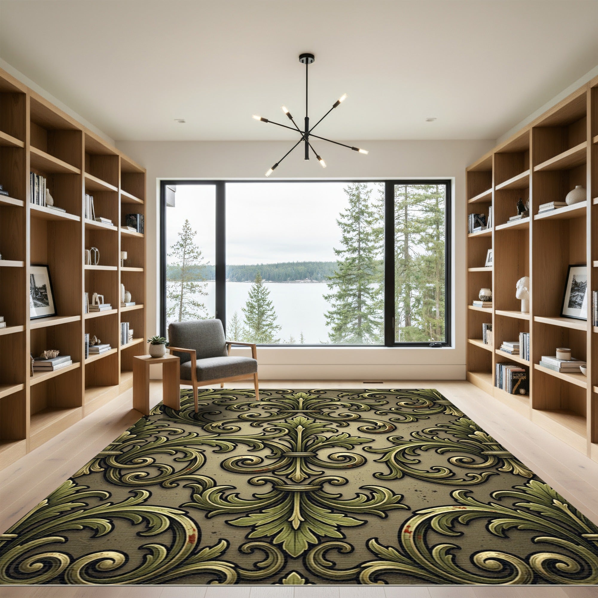 Ornate Gold and Green Scrollwork Rug
