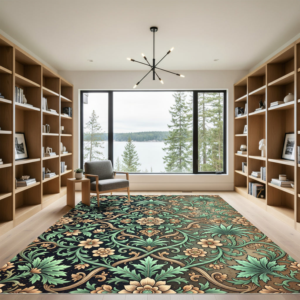 Elegant Sage and Gold Floral Scroll Rug