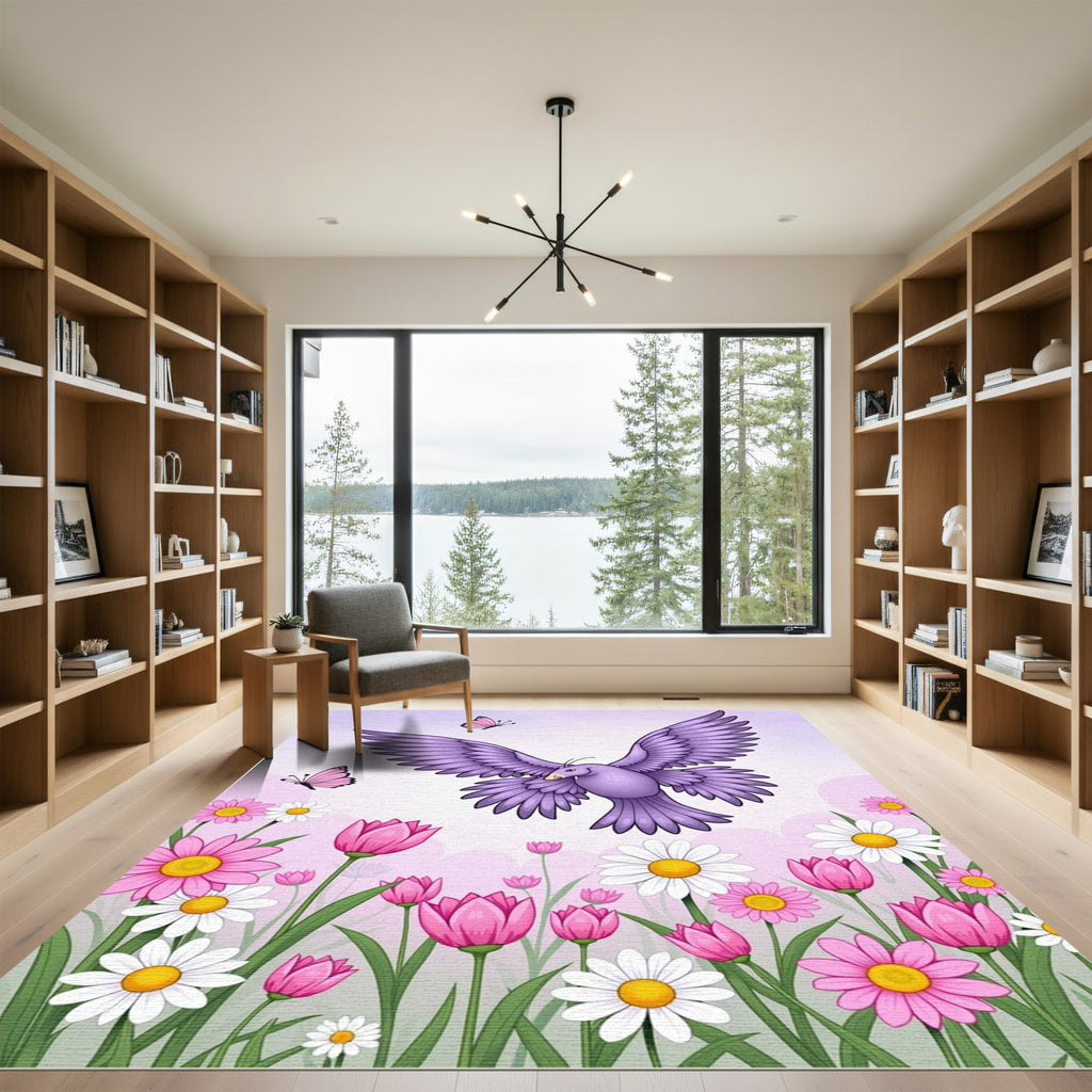 Purple Bird Pink Butterflies Floral Meadow Rug