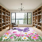 Purple Bird Pink Butterflies Floral Meadow Rug