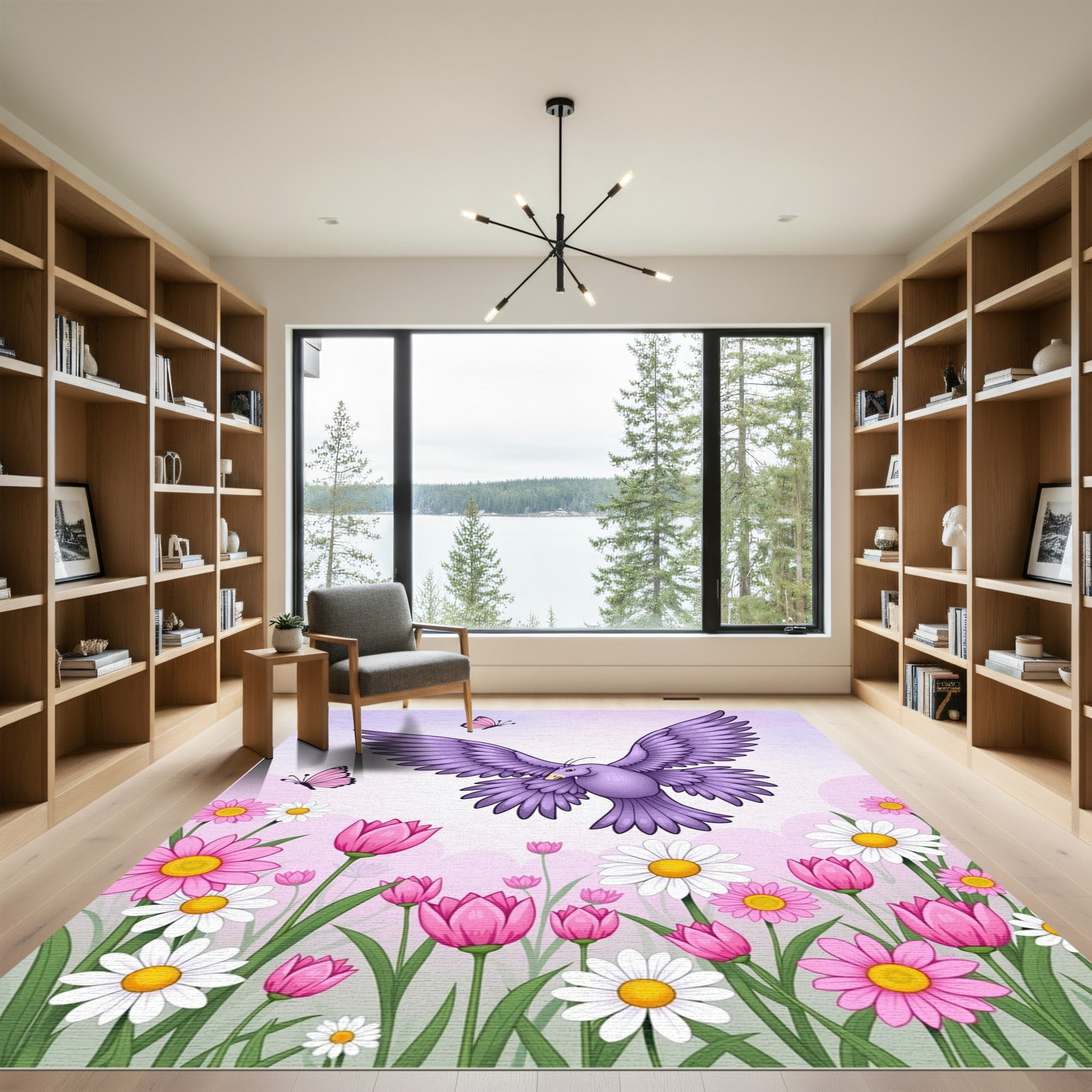 Purple Bird Pink Butterflies Floral Meadow Rug