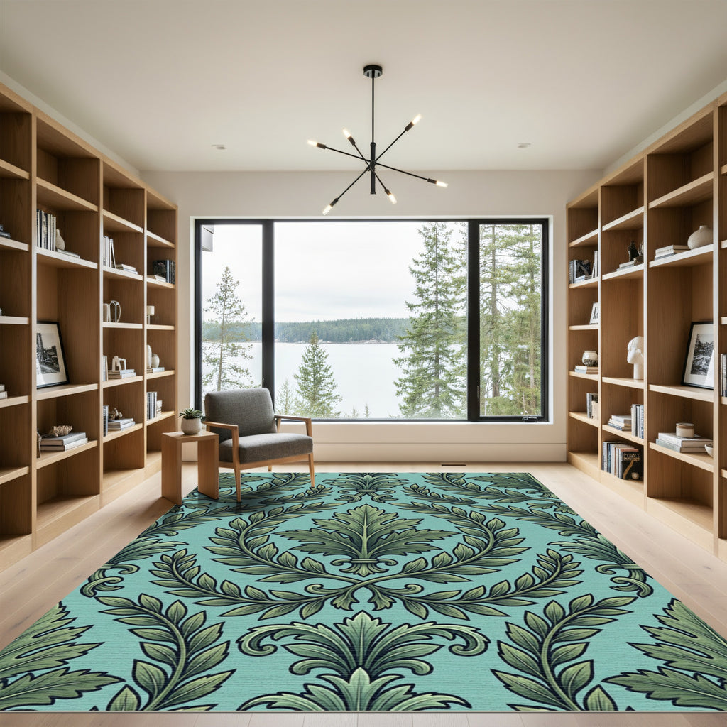 Green Laurel Fern Damask Rug