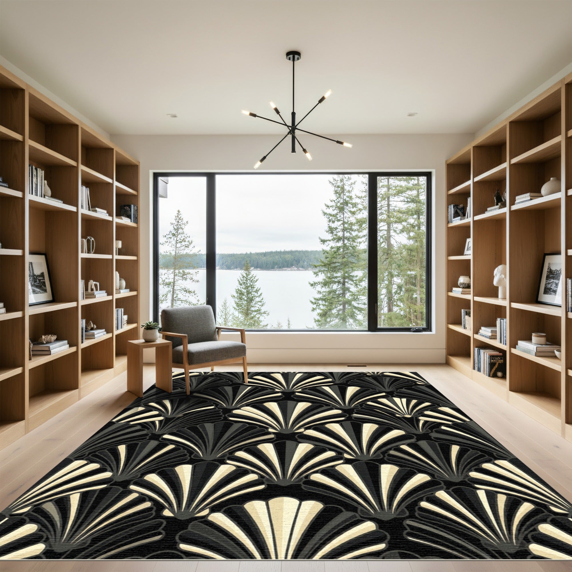 Black Gold Art Deco Shell Stripe Rug