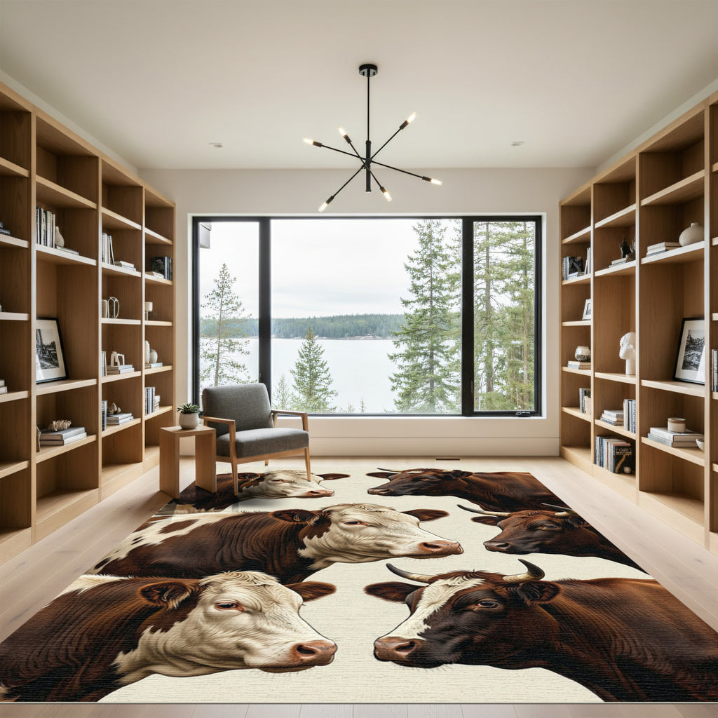 Realistic Brown And White Highland Cow Portrait Rug