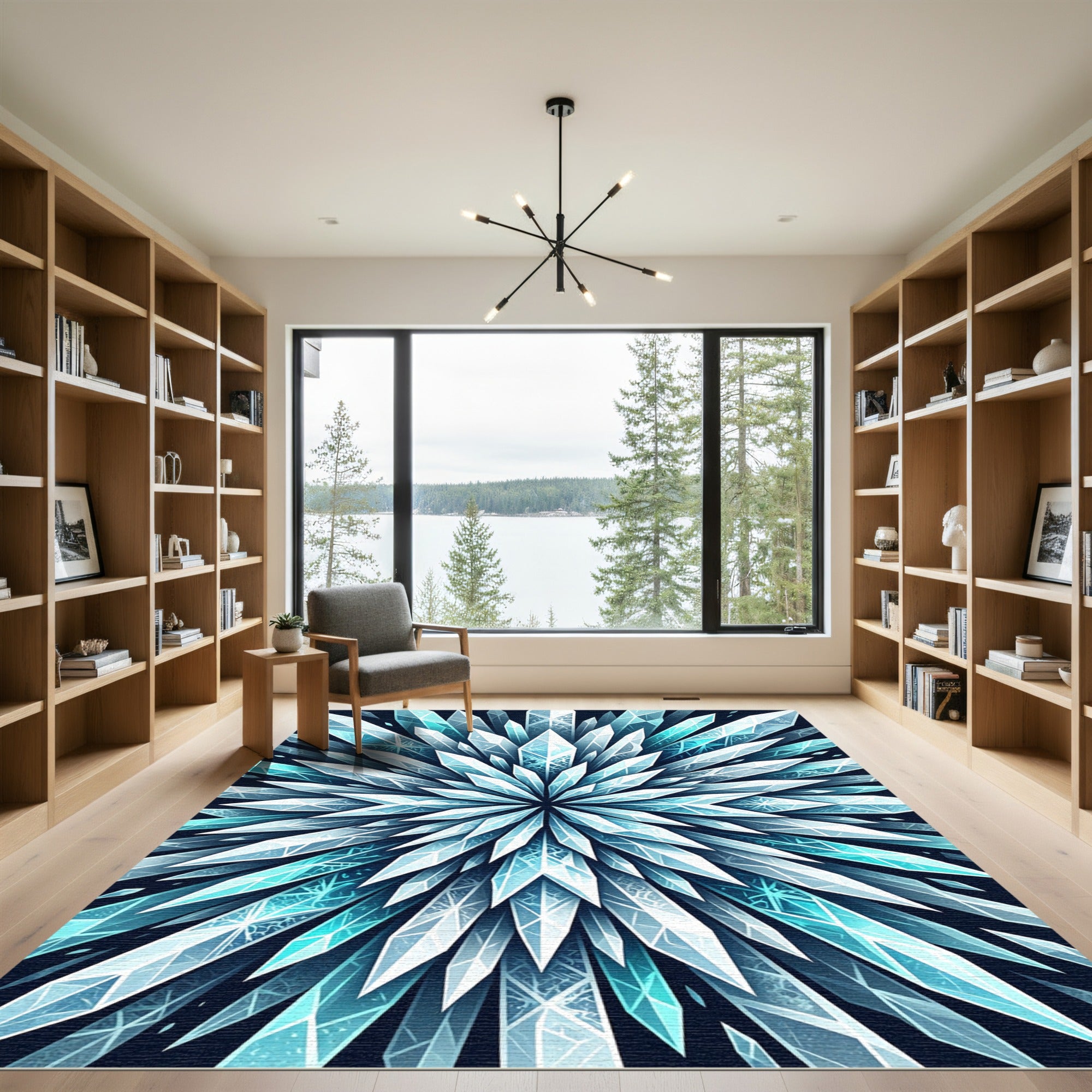 Radiant Ice Crystal Starburst Navy Blue Rug