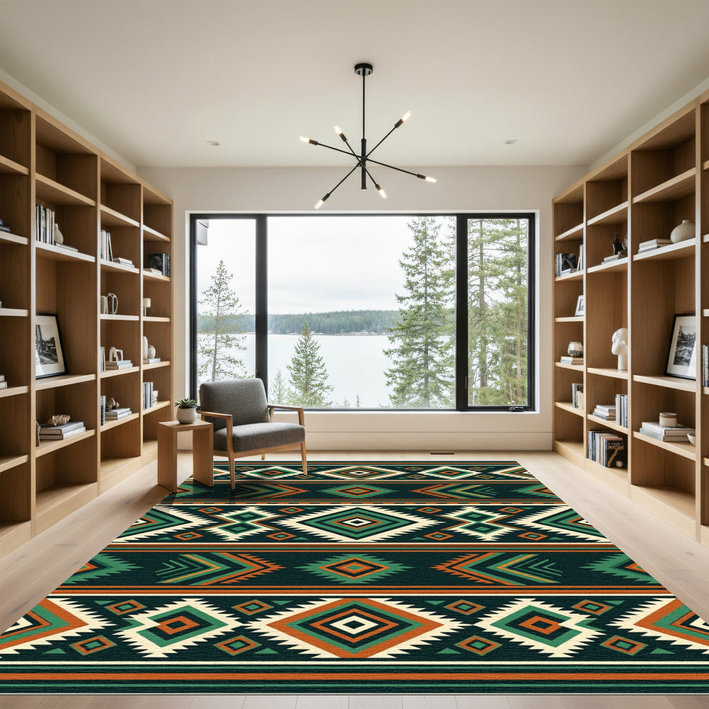 Earthy Teal Orange Geometric Tribal Diamond Rug