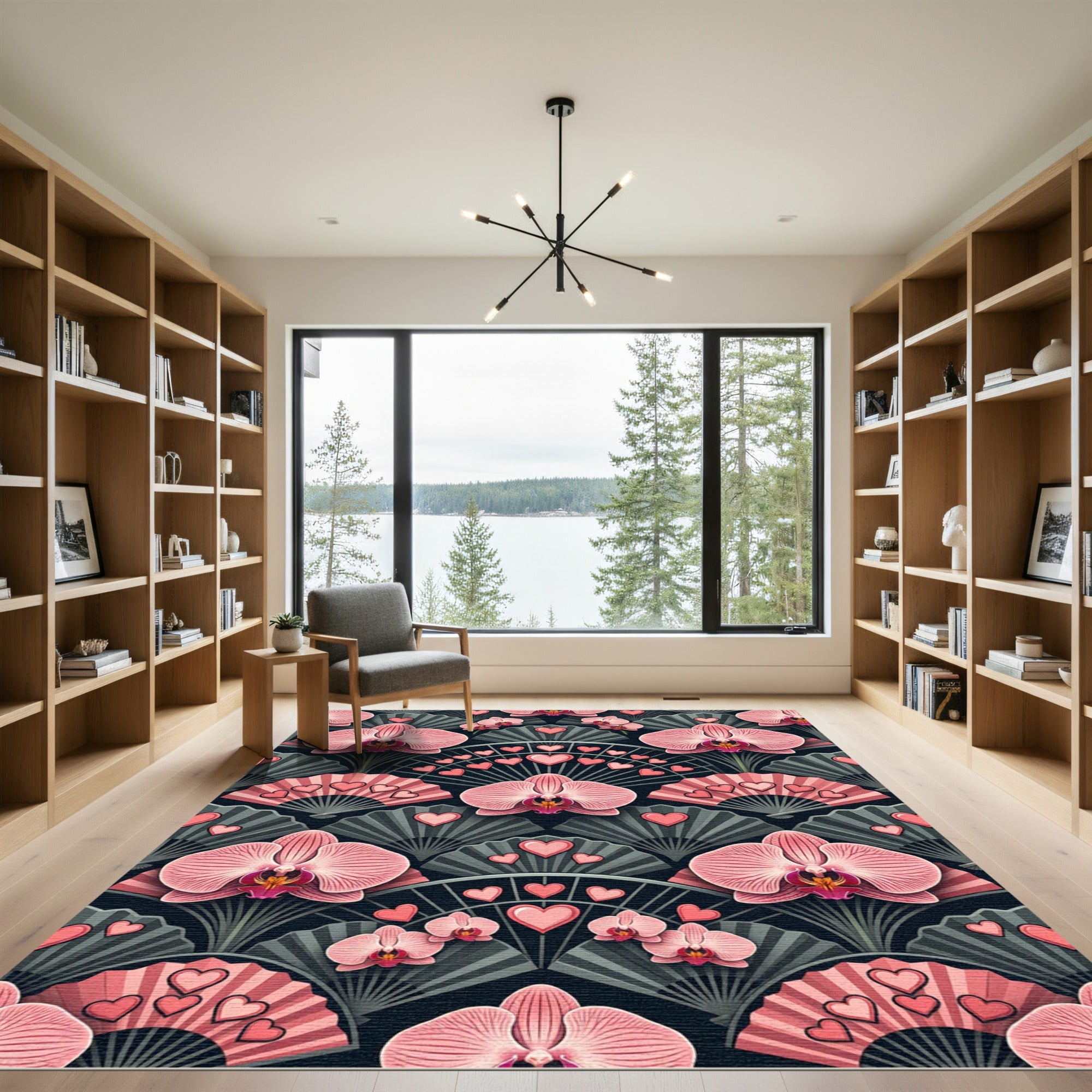 Pink Orchid Heart Fan Arrangement Rug