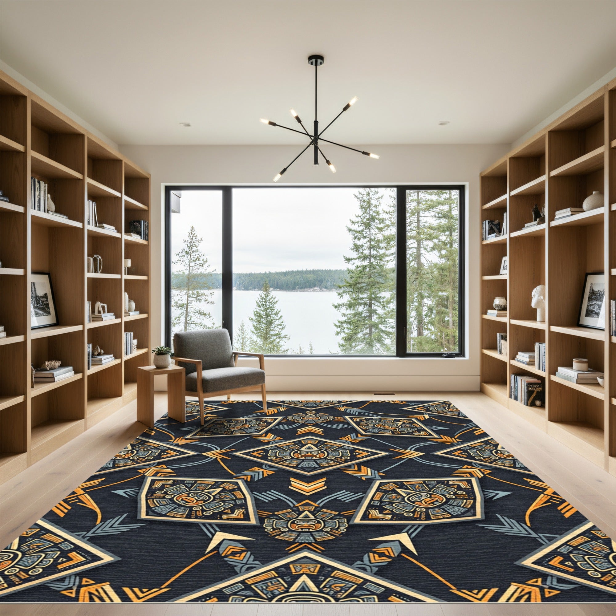 Aztec Geometric Gold Slate Square Rug