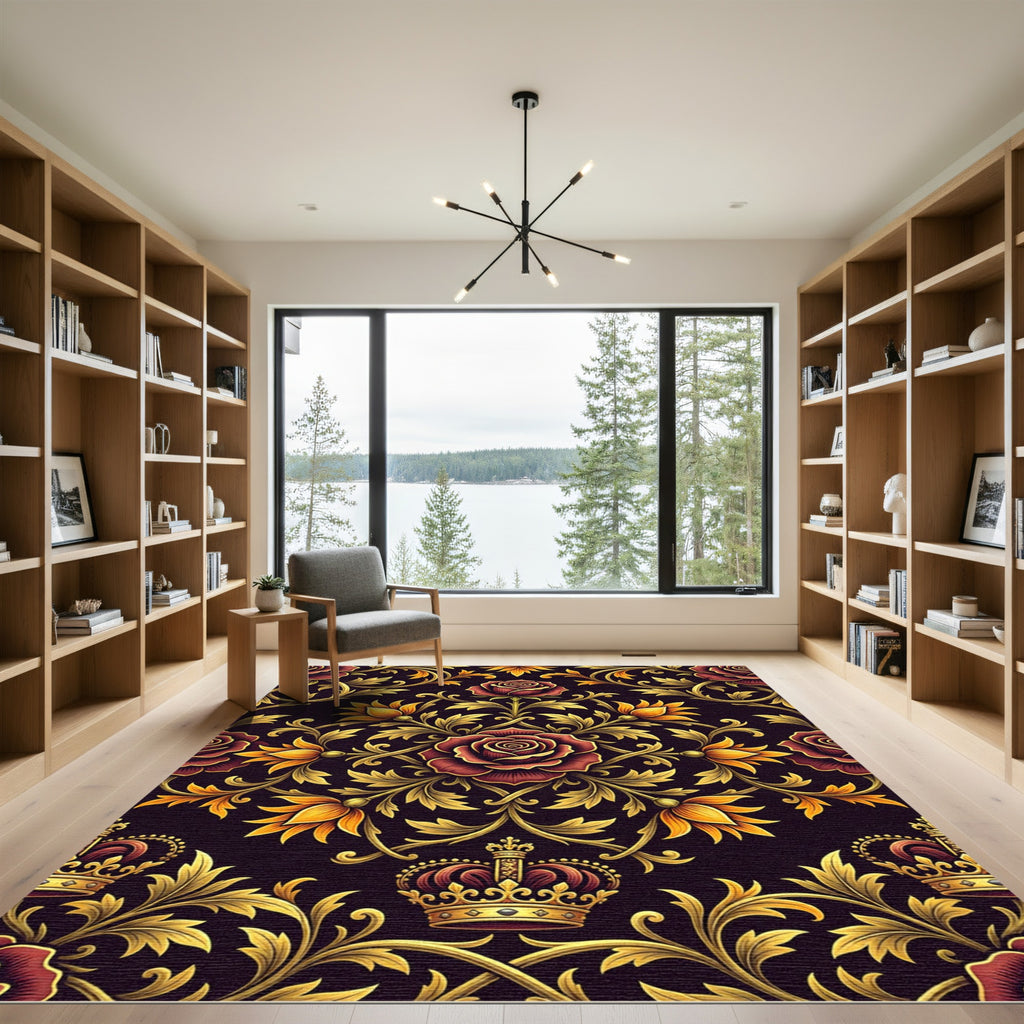 Regal Red Rose Golden Crown Ornament Rug