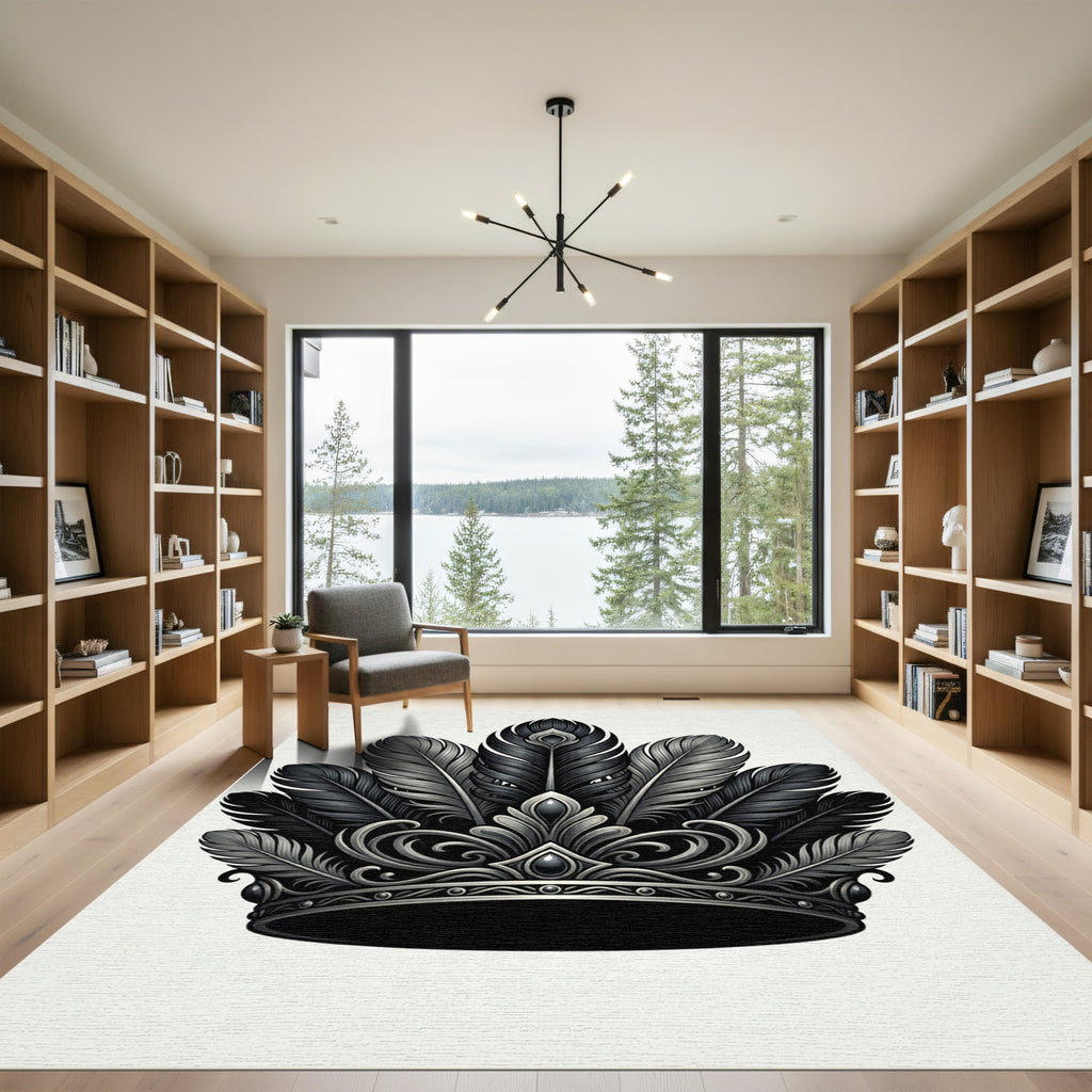 Elegant Monochrome Feather Coronet Accent Rug