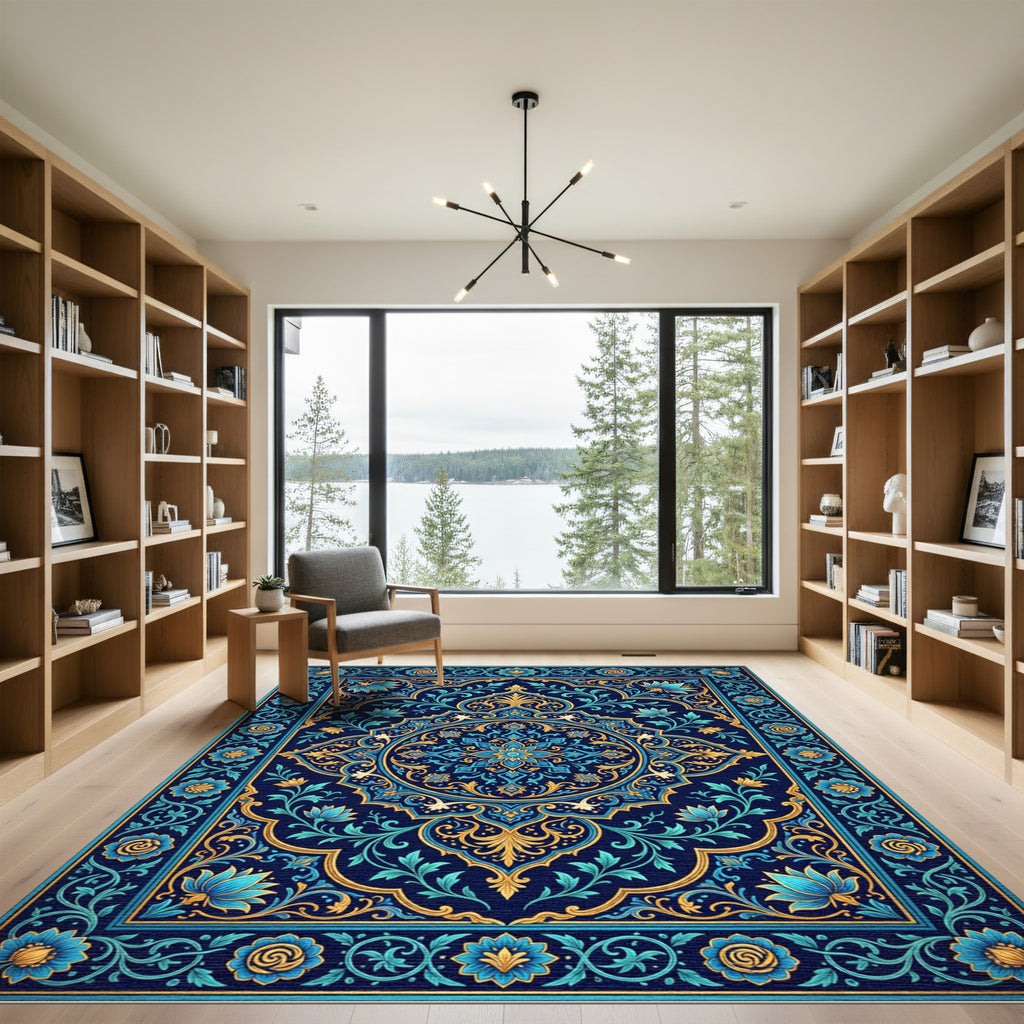 Deep Navy Blue Floral Medallion Rug
