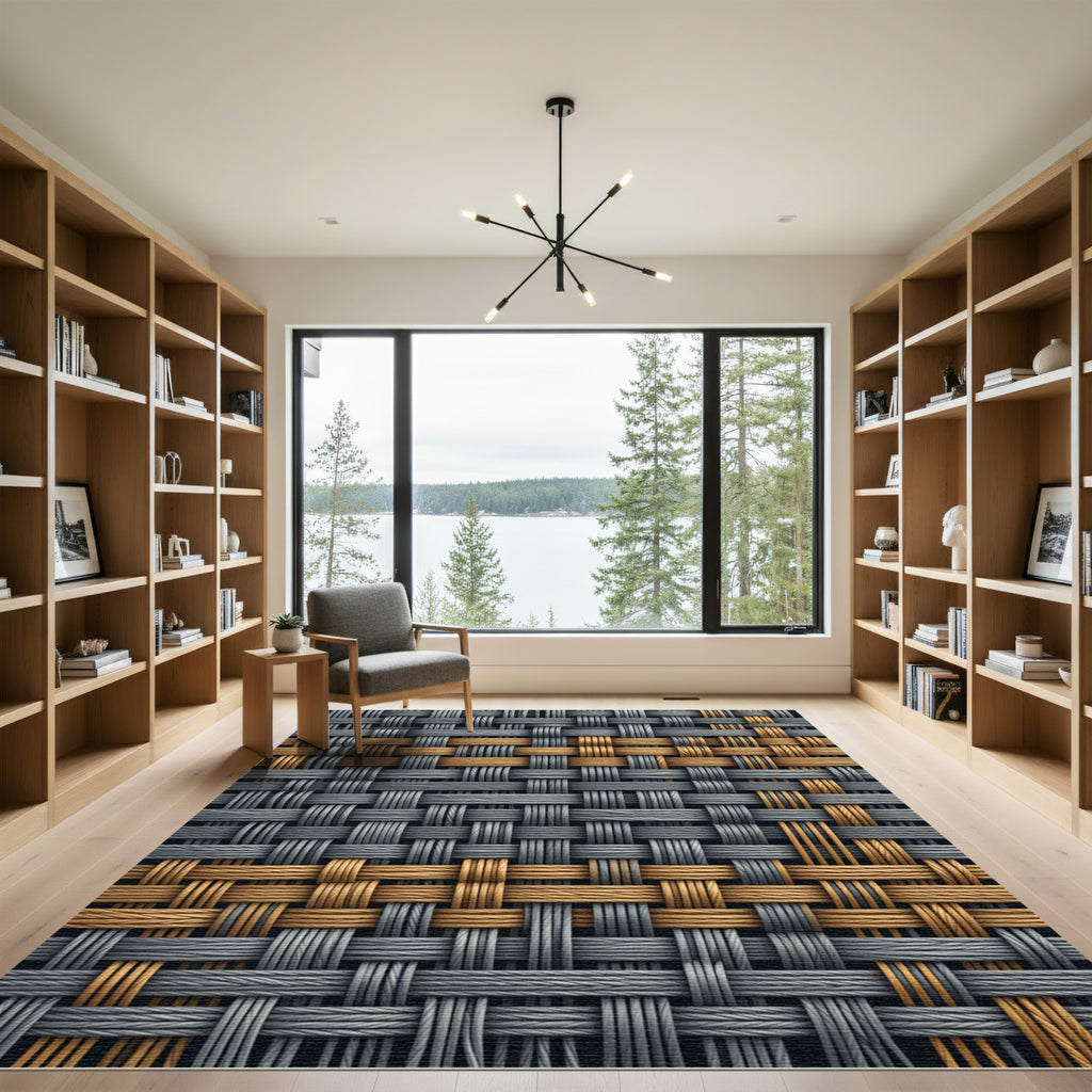 Textured Interwoven Gray and Gold Weave Rug