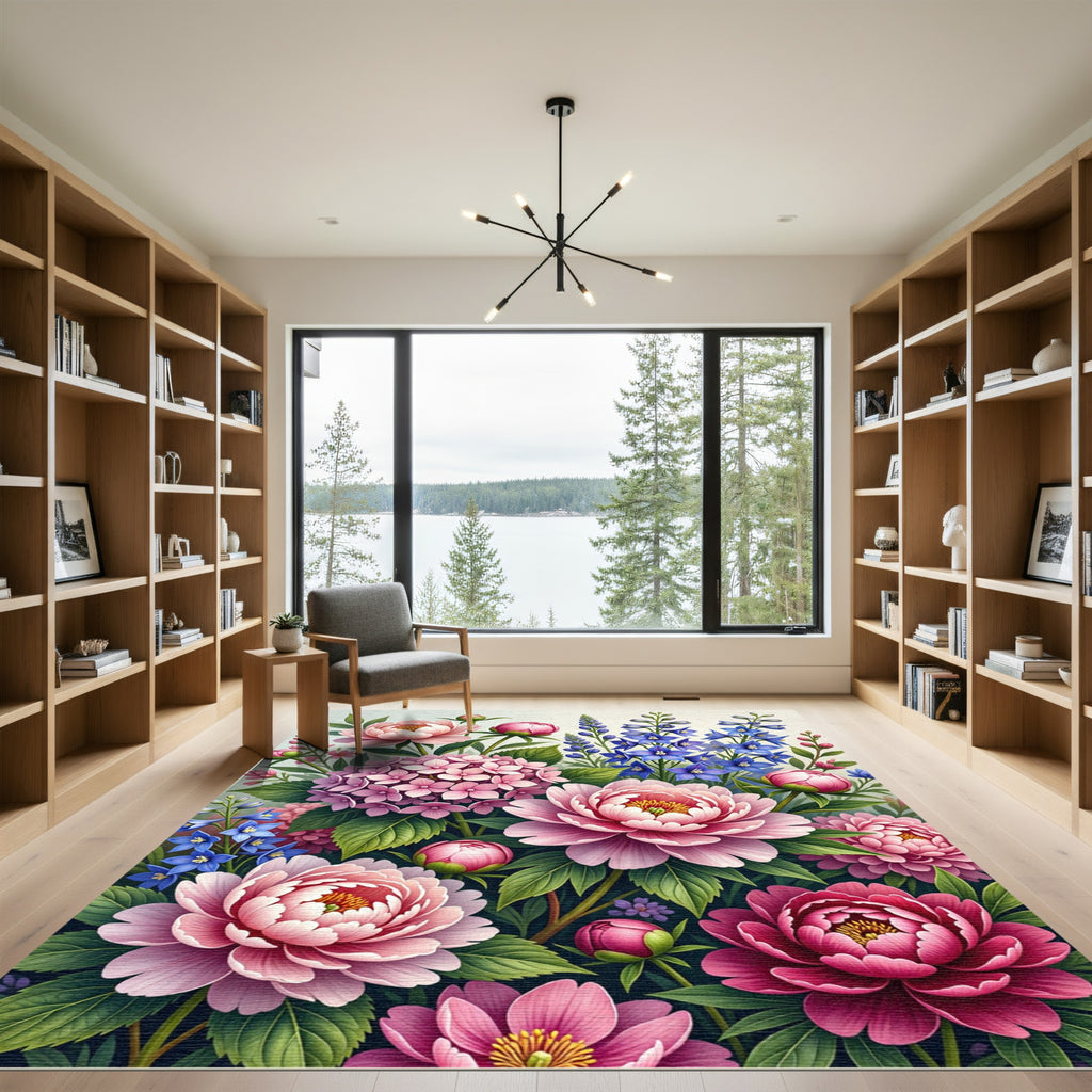 Blushing Peony and Blue Larkspur Garden Rug