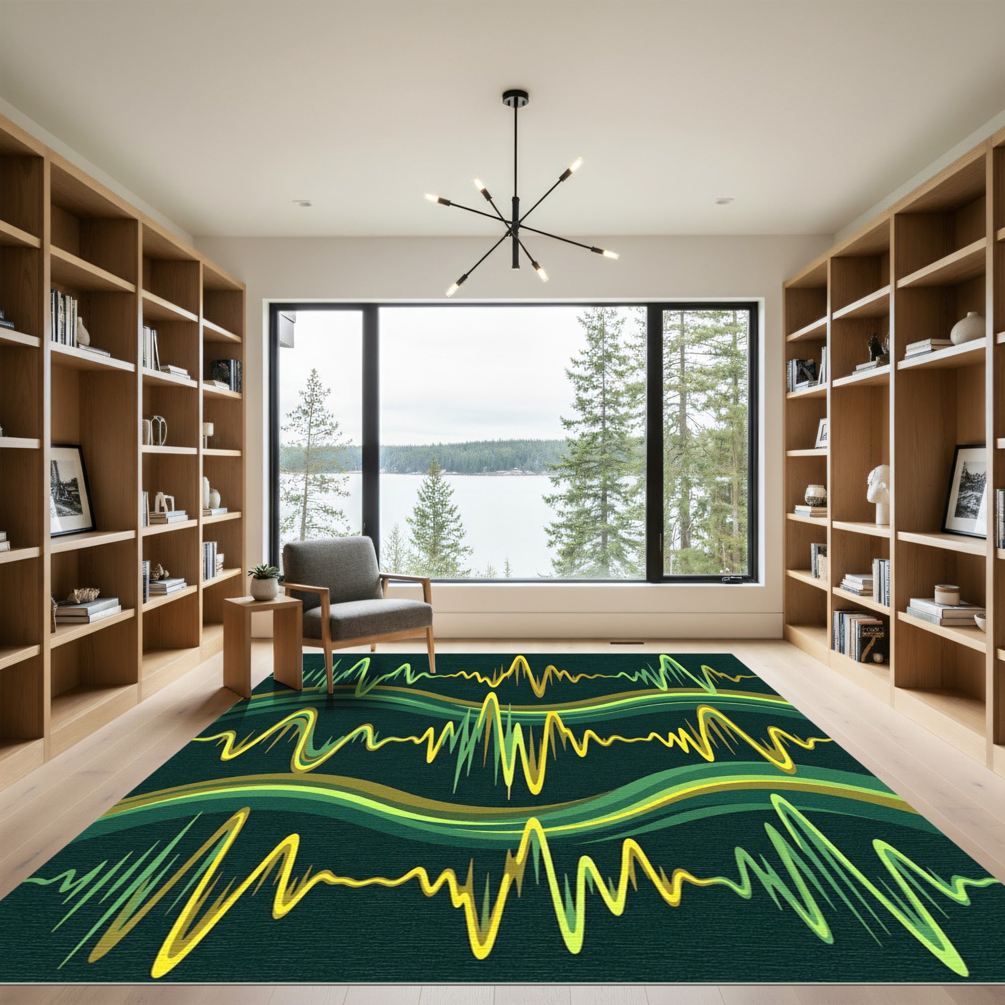 Emerald Green Abstract Wave Line Rug