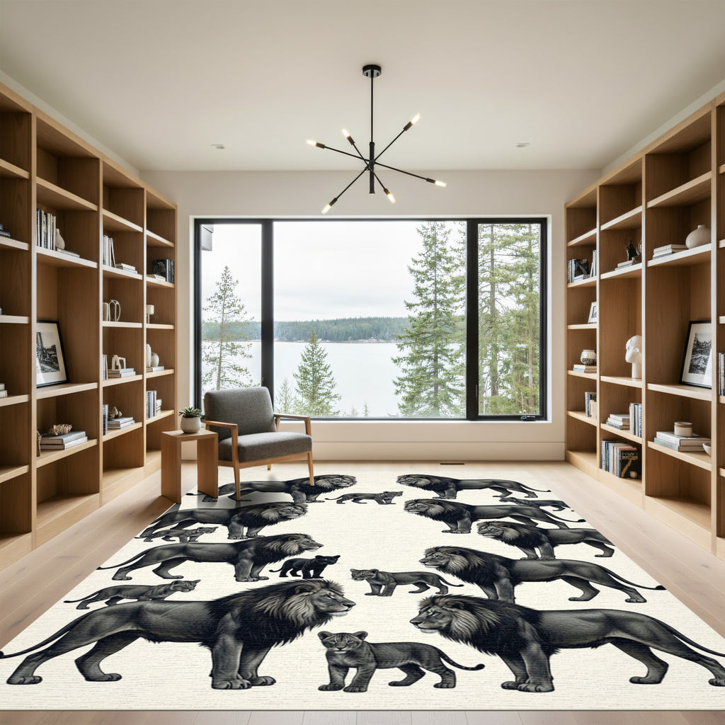 Monochromatic Lion Family Charcoal Art Rug