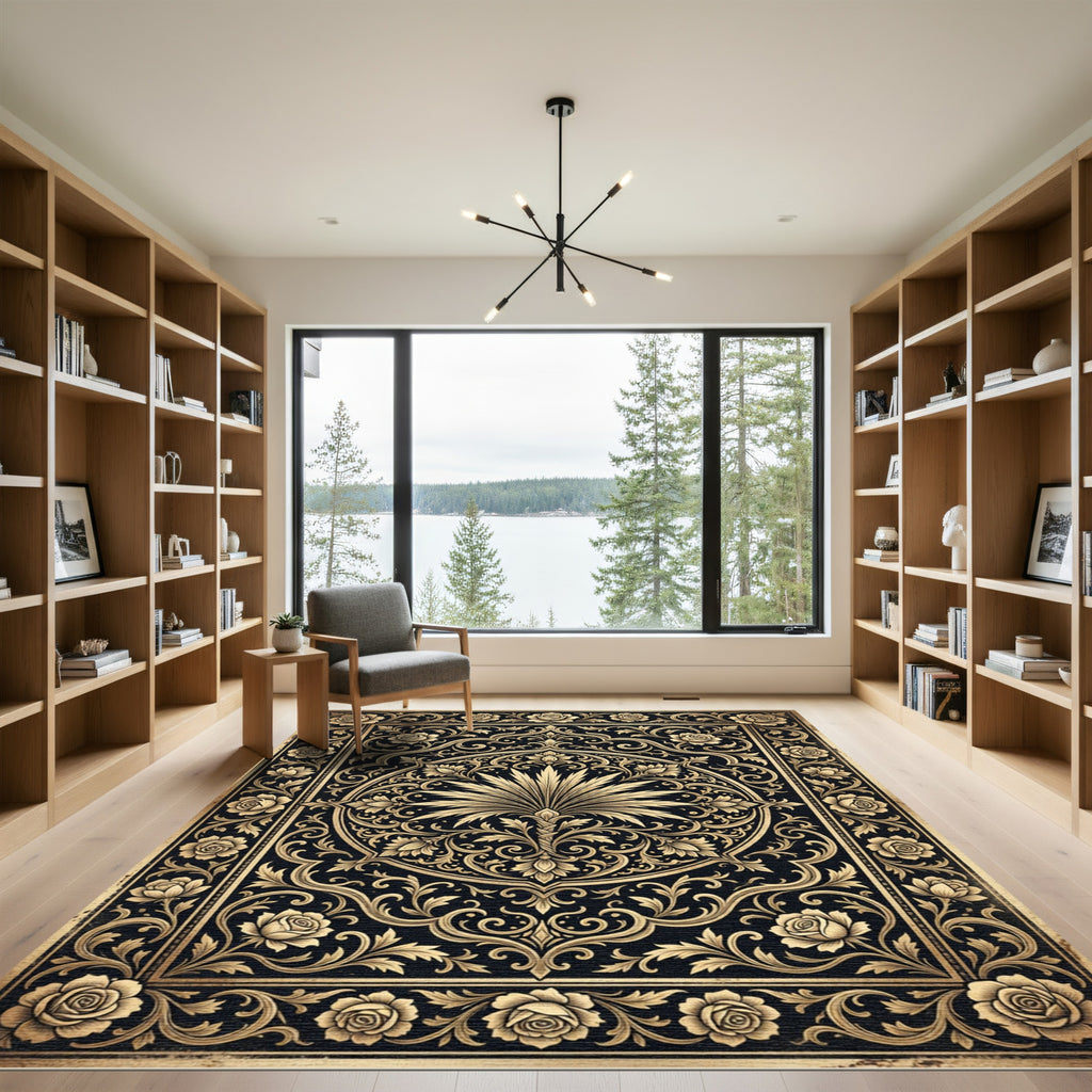 Elegant Gold Floral Black Medallion Rug