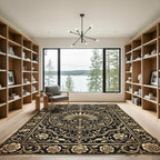 Elegant Gold Floral Black Medallion Rug