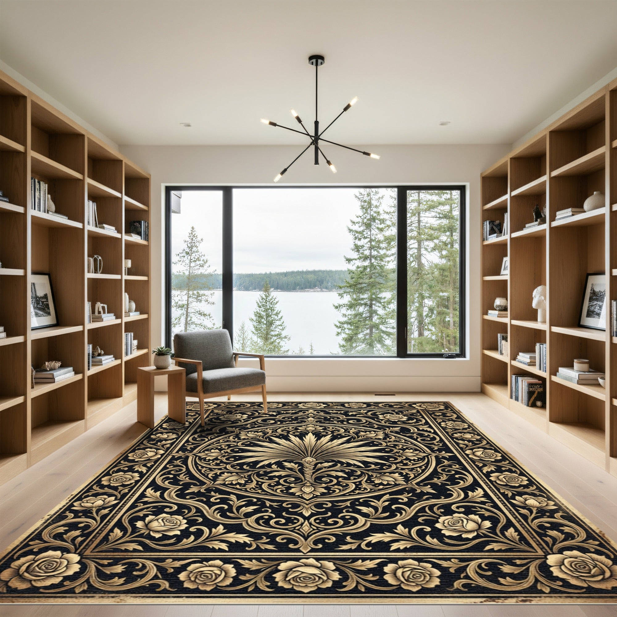 Elegant Gold Floral Black Medallion Rug