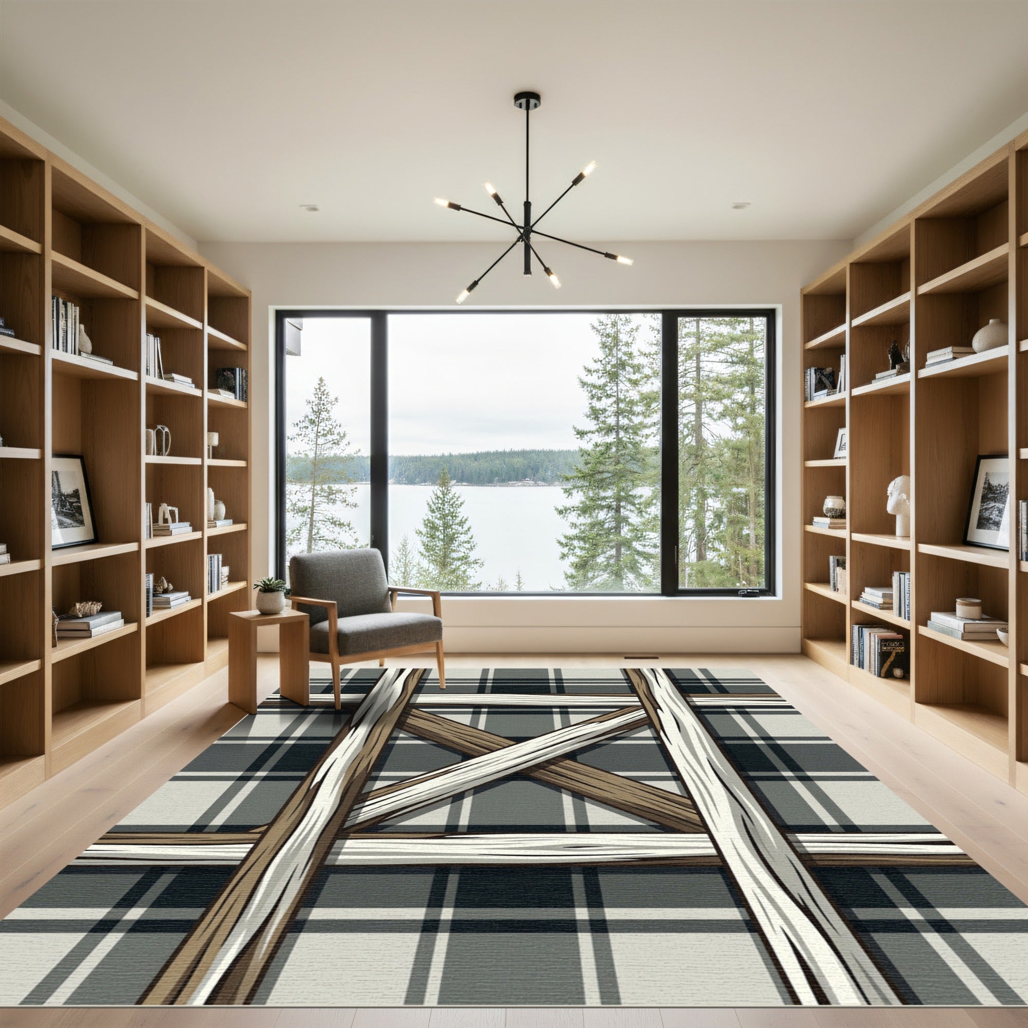 Rustic Black White Plaid Crisscross Rug