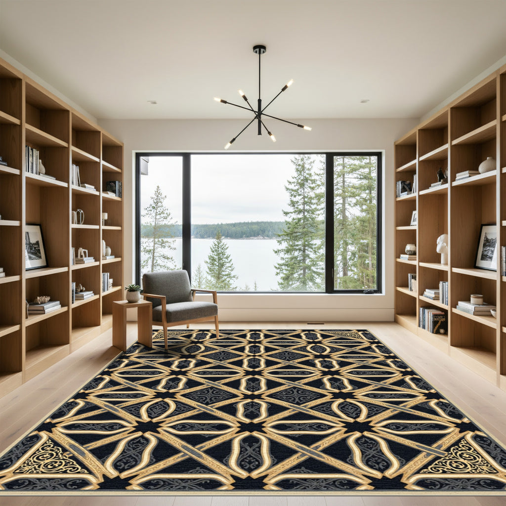 Golden Black Interlocking Geometric Lattice Rug