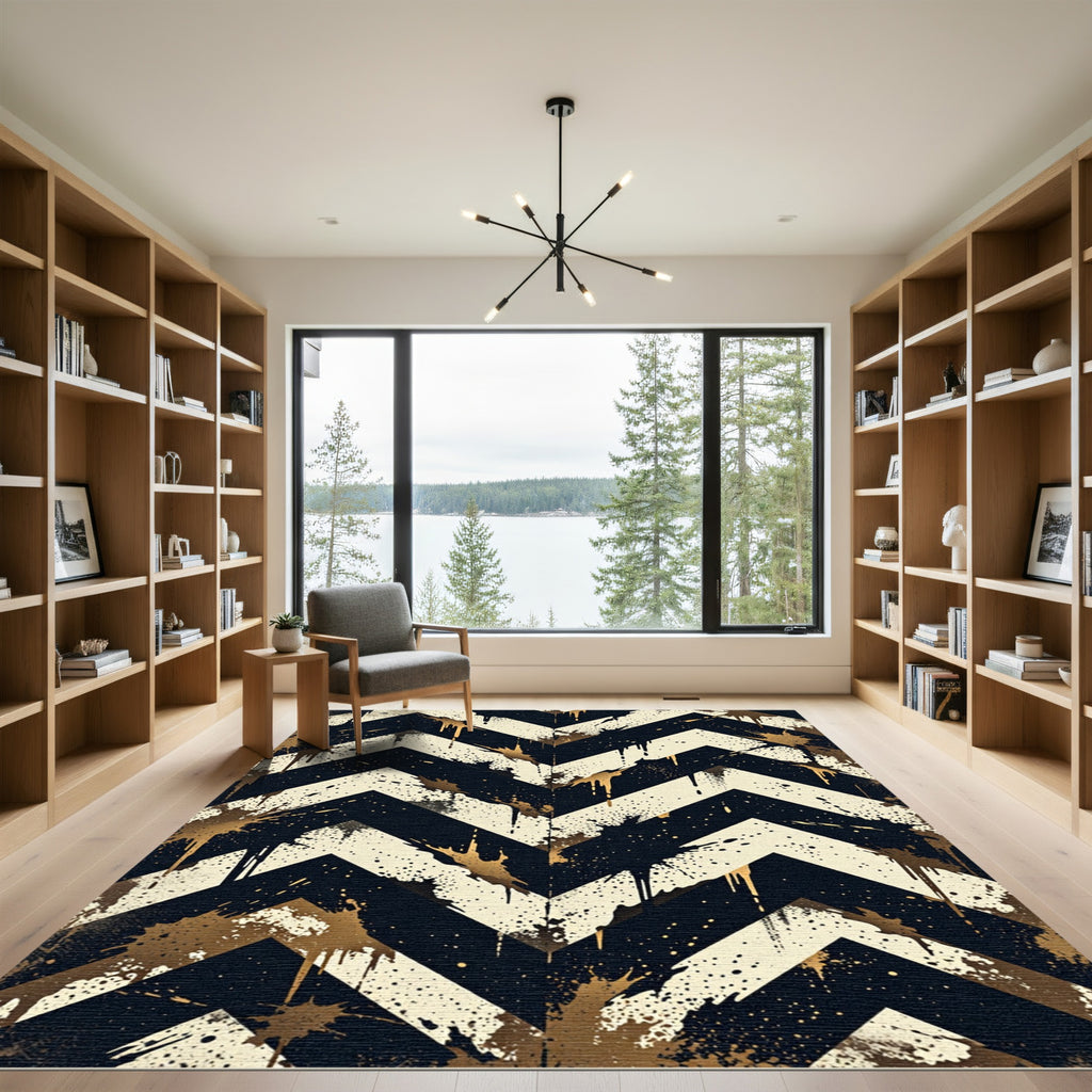 Golden Splattered Black Chevron Rug