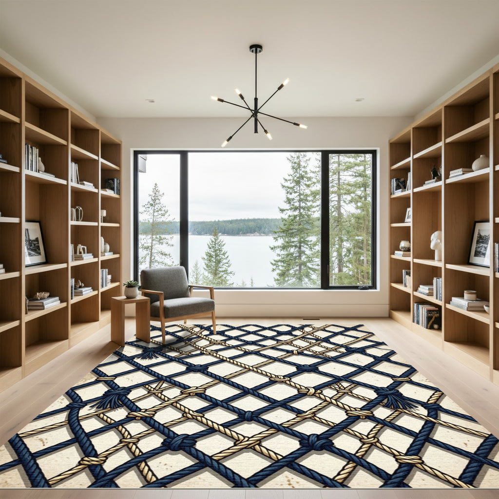 Navy Tan Nautical Rope Lattice Rug