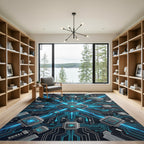 Neon Blue Cyber Circuit Grid Rug