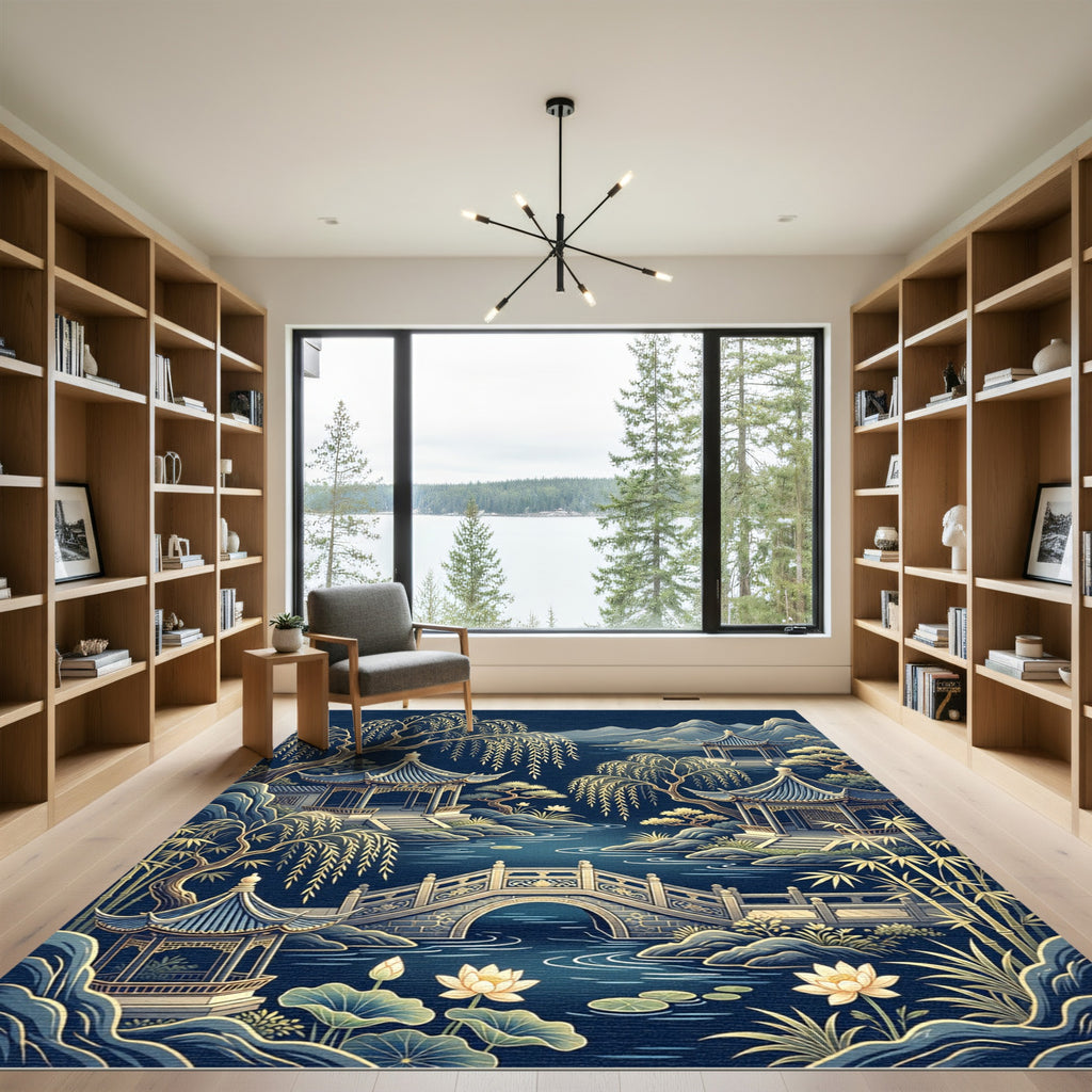 Golden Willow Pagoda Zen River Landscape Rug