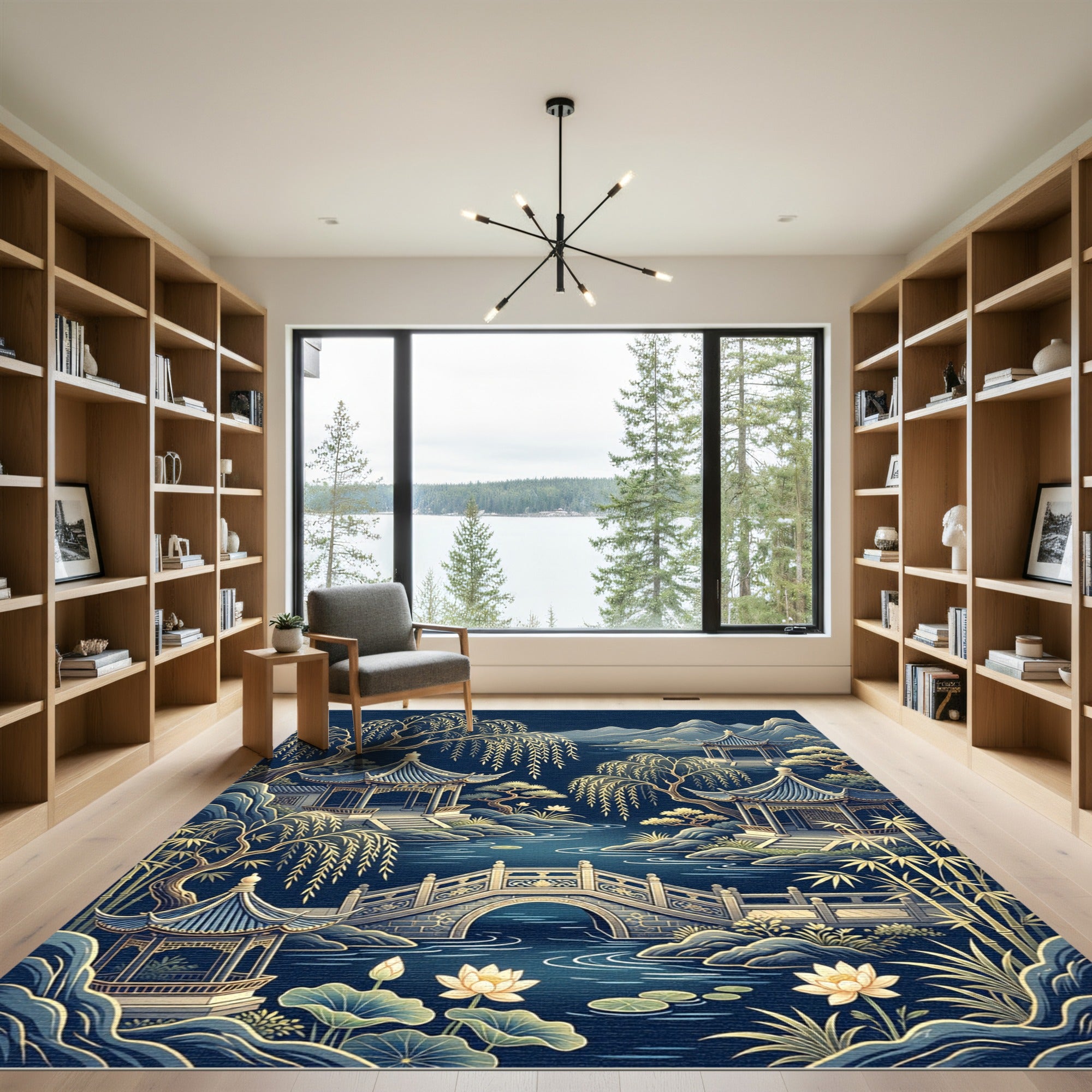 Golden Willow Pagoda Zen River Landscape Rug