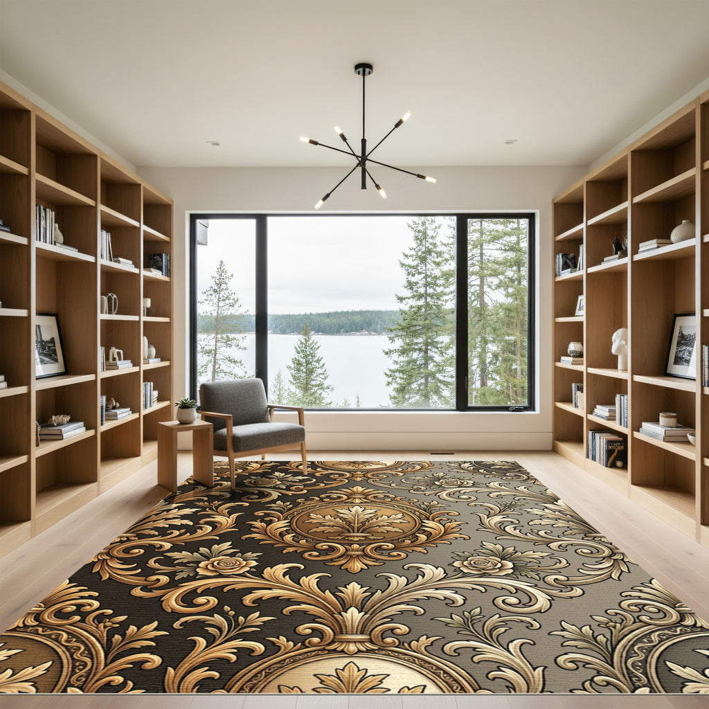 Ornate Gold Floral Acanthus Scroll Rug