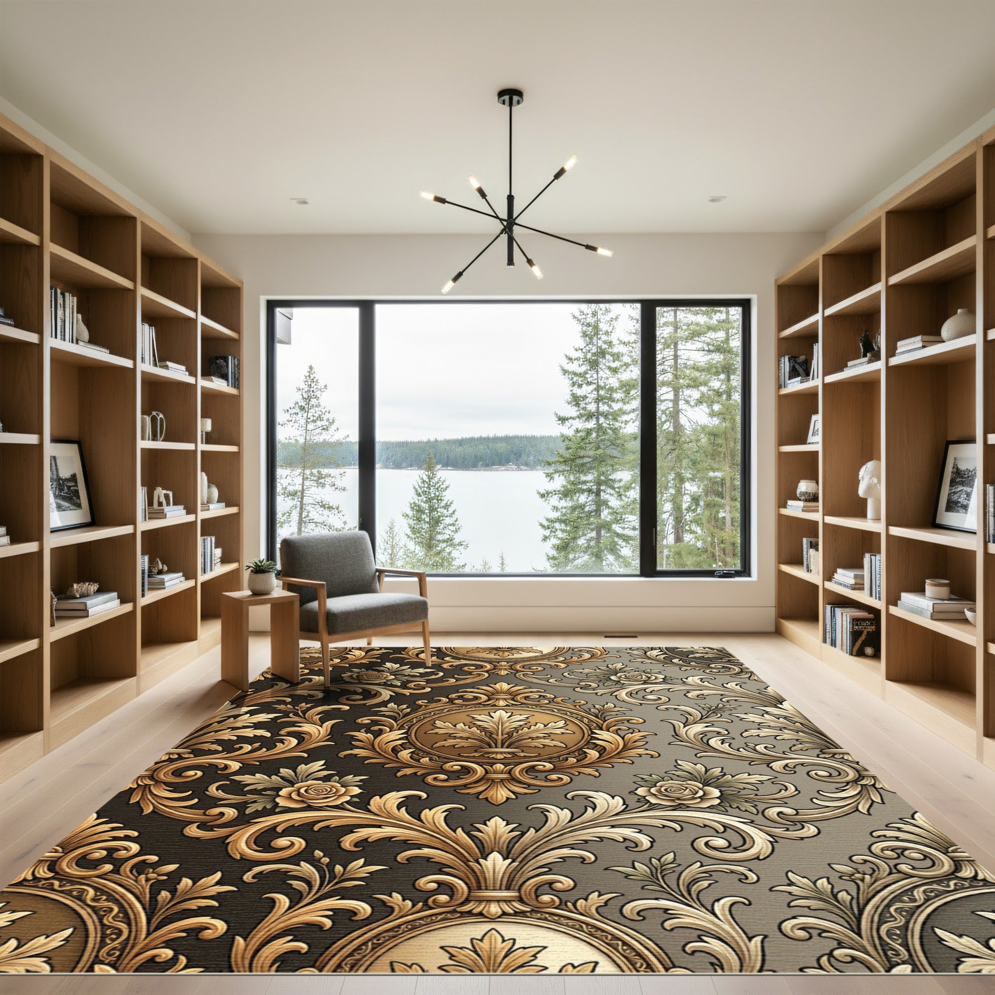 Ornate Gold Floral Acanthus Scroll Rug