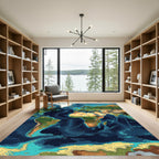Deep Blue World Map Topographic Art Rug