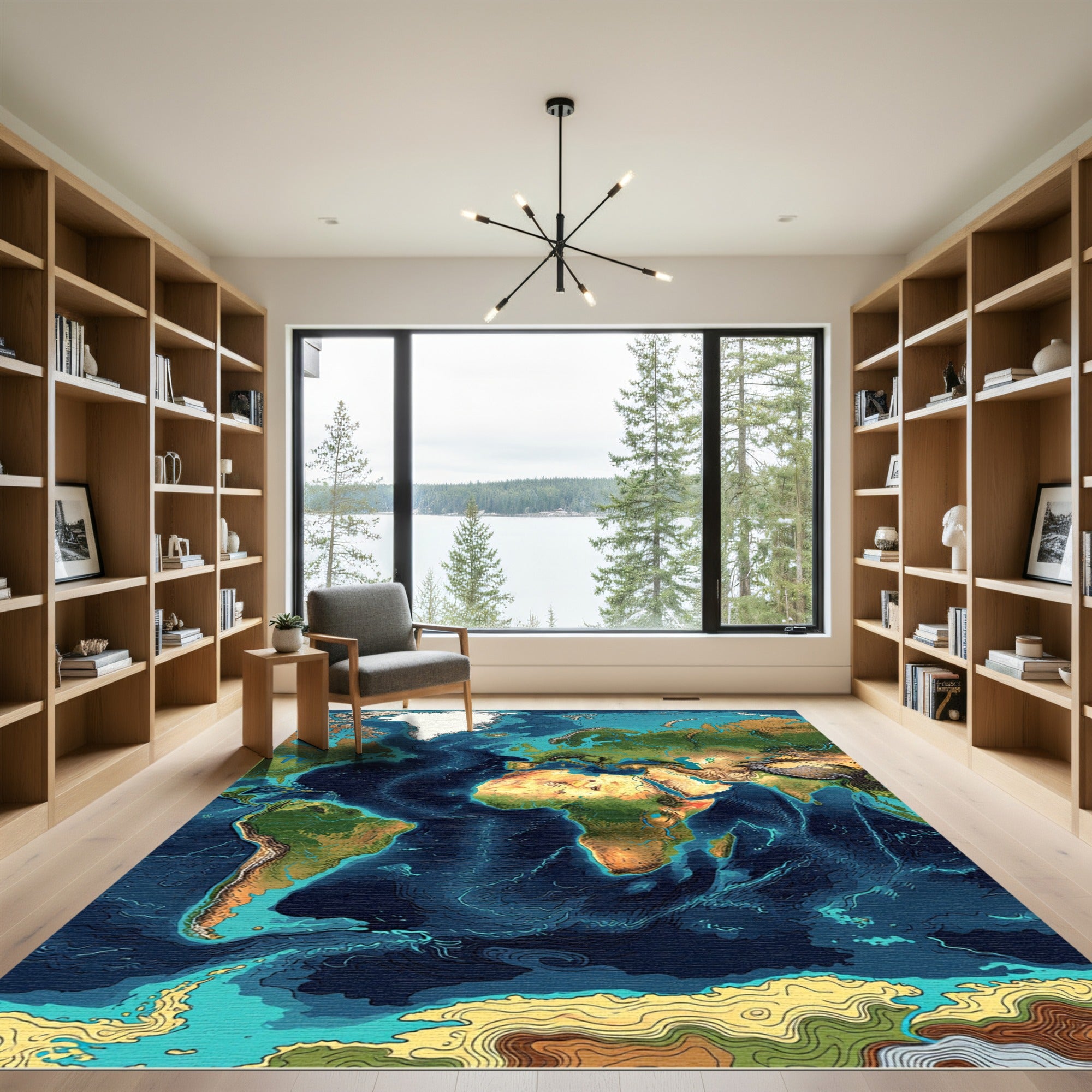 Deep Blue World Map Topographic Art Rug
