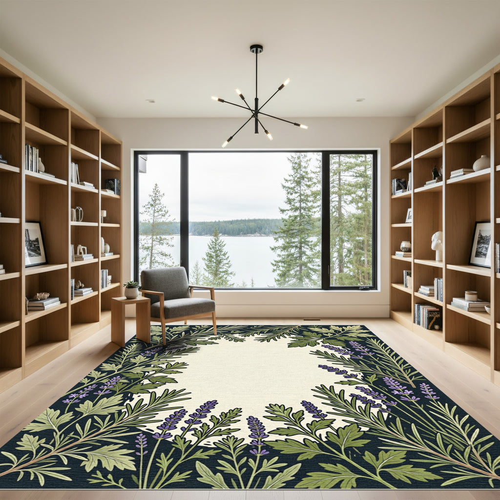 Green Lavender Floral Border Rug