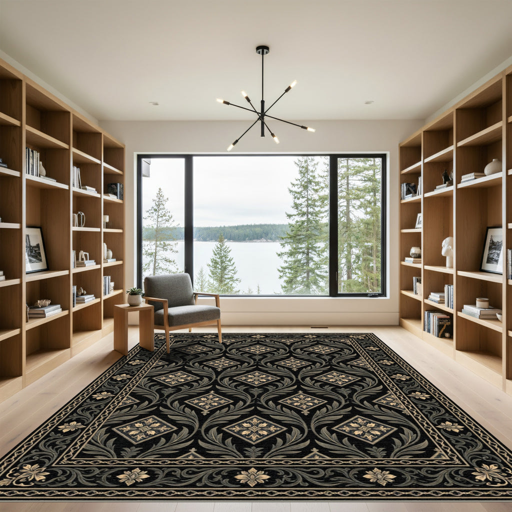Ornate Black Floral Diamond Medallion Rug